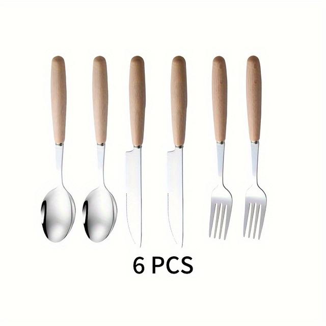 TEMU A Set Of 6 Wood Handle Stainless Steel Cutlery Includes 2 Spoons, 2 Forks, And 2 Knives. Handle, Western Steak Knife, Suitable For Hotels, Restaurants, And Home Use