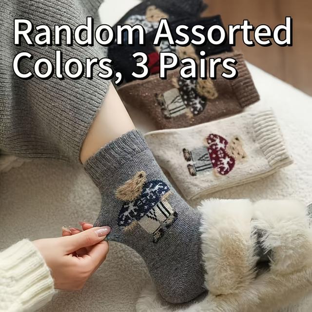 TEMU 3 Pairs Of Adorable Mid-calf Socks For Women Featuring A Cute ! Perfect For Keeping Warm In Autumn And Winter, Non-slip Socks Come In Brown, Blue, And Red. With A Fun Pattern
