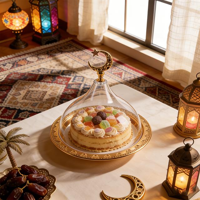 TEMU صينية كيك وحلويات شفافة بغطاء، تتميز بتصميم حديدي مزخرف وغطاء أكريليك للحماية من الغبار، مثالية لتقديم الحلويات والكيك للضيوف خلال شهر رمضان