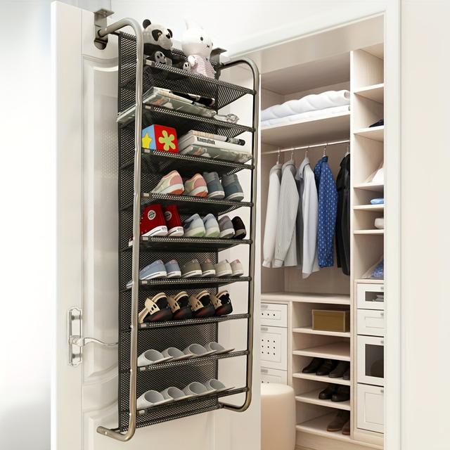 TEMU 10-tier Black Metal Folding Shoe Rack, Wall-mounted Multi-scene Storage Organizer With Iron Finish, Durable And , Includes Metal Pipe (8mm-12mm)