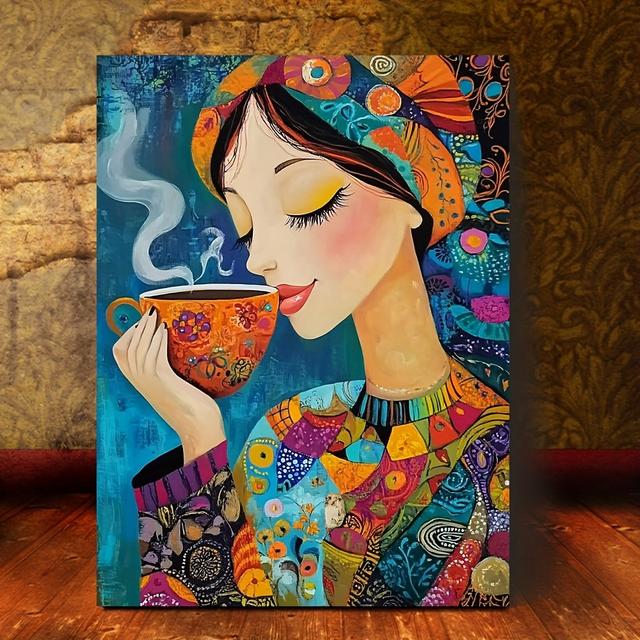 TEMU 1pc Framed Canvas Wall Art - Abstract Coffee Girl Painting With Vibrant Colors, 8x15.7 Inch Wooden Frame, Decor For Living Room, Bedroom, Office, Kitchen, Bathroom, 2d Flat