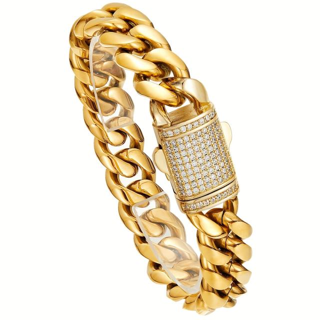 TEMU Men 18k Gold Plated Stainless Steel Miami Cuban Link Chain Cut Cubic Zirconia Bracelet