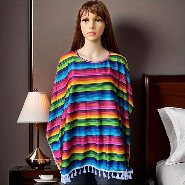 TEMU 1pc Polyester Mexican Fiesta Shawl, Striped Cape For Halloween Cosplay And Stage Performance, Hand Washable Party Costume Accessory, Halloween Costumes