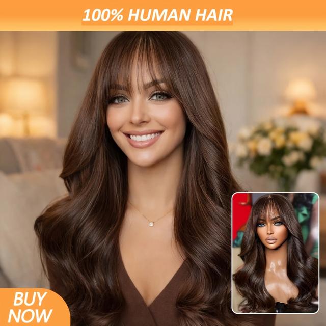 TEMU Peluca 4x4 HD con flecos frontales y ondas con flequillo | 100% cabello humano real, densidad del 150%, cierre de encaje tipo mousse , correa invisible, cabello Remy brasileño para mujer