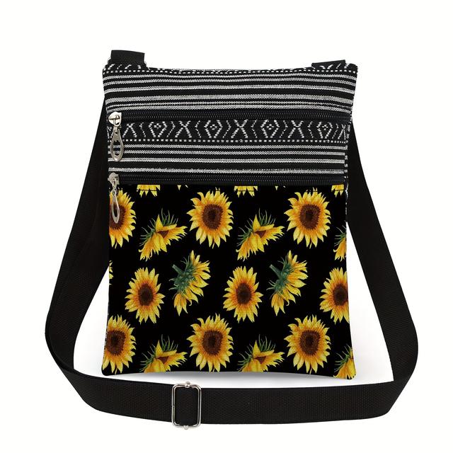 TEMU Women's Foldable Crossbody Bag With Adjustable Strap - Vibrant Sunflower Print, Durable Polyester, Compact Travel & , Stylish Gift For Her, Casual Purse