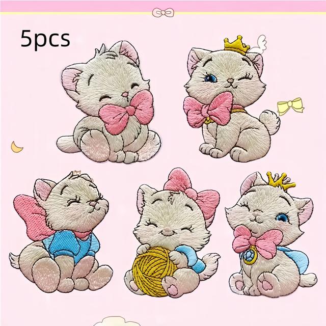 TEMU Set Of 5, Bow-knot Cat Embroidery Patches, Suitable For Clothing, Bags, Hats, And Shoes
