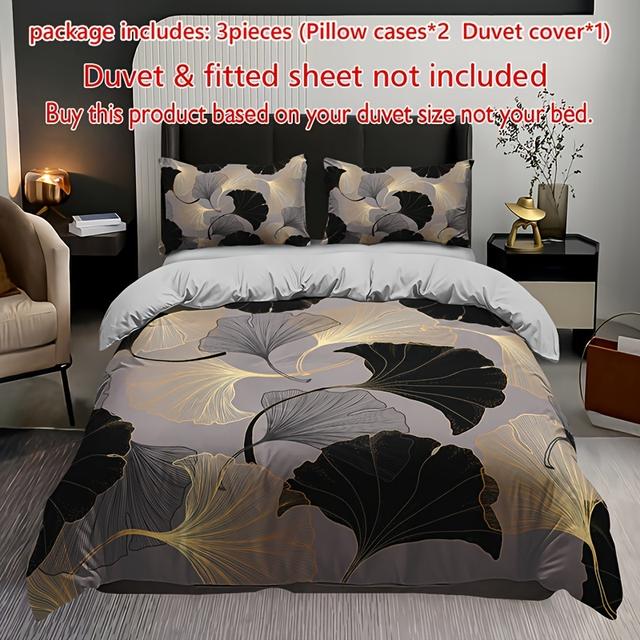 TEMU Ensemble de Housse de Couette et Respirant 3pcs - Imprimé Feuille d' Doré, 1 Housse de Couette et 2 Taies d'Oreiller ( Insert), Parfait pour Chambre ou Dortoir