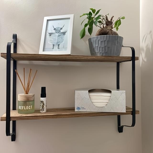 TEMU Rustic Wall Mounting Floating Shelving Unit With Dual Layers Room Cookbooks Display Rack Plants Storage Shelf Organizer For Bedroom Bathroom Toilet Use