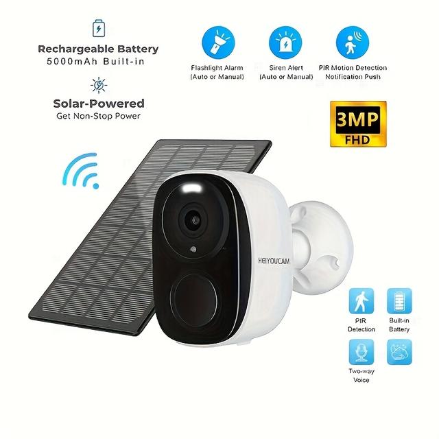 TEMU Heiyoucam Wireless Solar Security Cameras For Outdoor Use, 3mp Wifi Cameras Solar/battery For Featuring Detection, Spotlight, Audio, Siren, Ip65 Rating, And Sd/cloud Storage Options