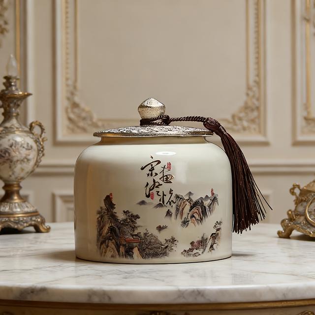 TEMU علبة سيراميك دائرية بغطاء قلاب | غير مخصصة للطعام، مناسبة لتزيين طاولة المنزل وغرفة المعيشة، طراز عتيق