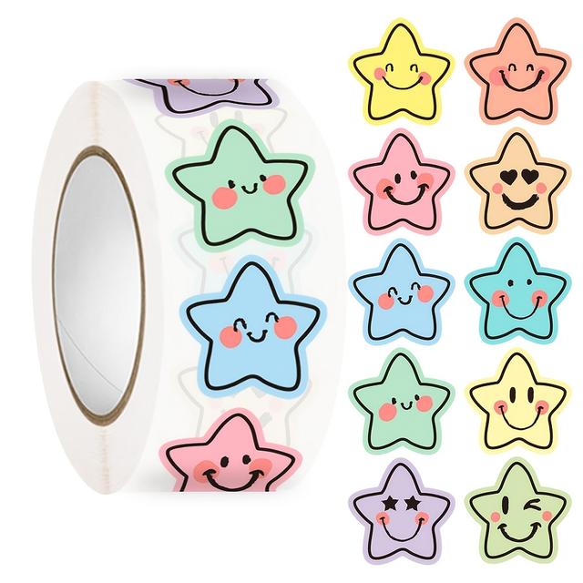 TEMU 500pcs Colorful Star Expression Stickers Roll | Pastel Star-shaped Labels With Design, Self-adhesive For Scrapbooking, Journals, Planners, Envelopes, Gift Wrapping & Crafts, Matte End