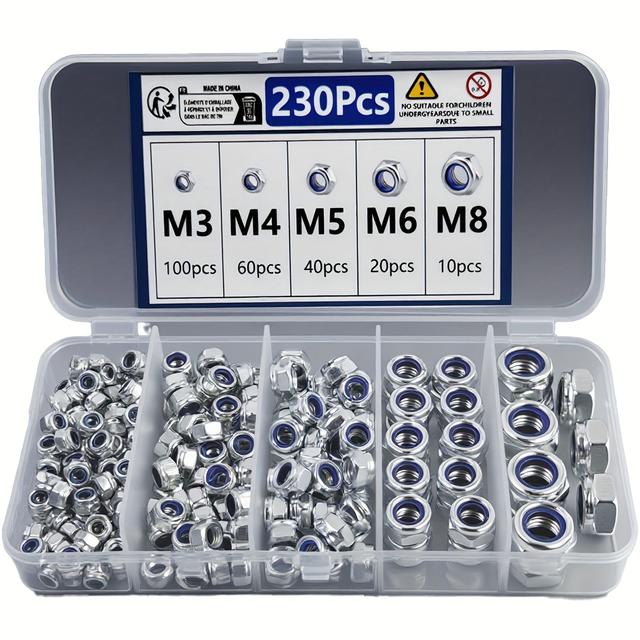 TEMU 230pcs Steel Classification Kit, Metric Nylon Insert Locknuts M3 M4 M5 M6 M8 M10 M12, Fully Threaded Locknuts For Bolts In Various Environments