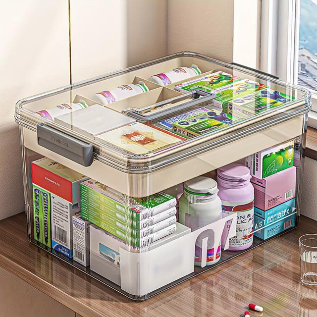 TEMU 1pc 1pcs Large Capacity Plastic Multi-tier Medicine & Organizer Box With Snap-fit Lid & Handle - Portable Medication Storage Suitable For Household, Travel, For Storage