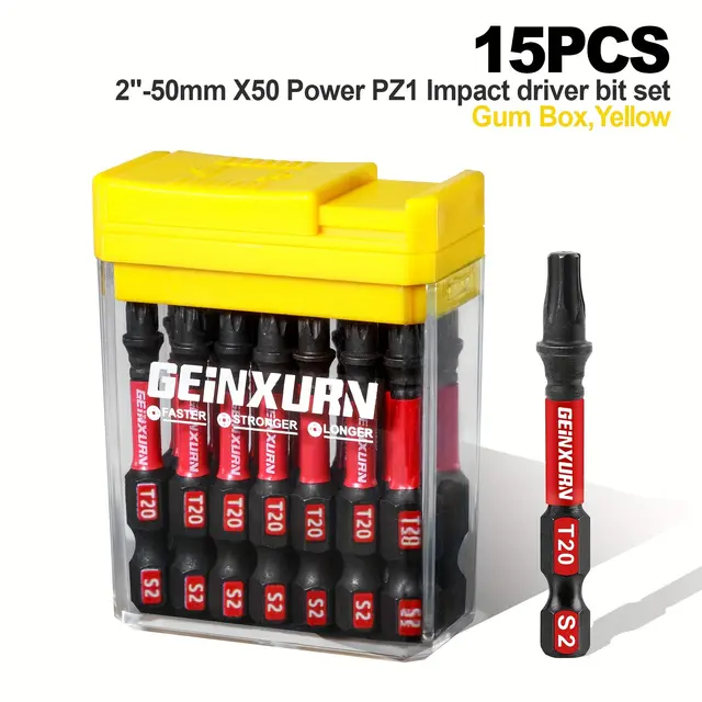 TEMU 15pcs 2"-50mm X50 Power Star Impact Screwdriver Bit Set, Gum Box