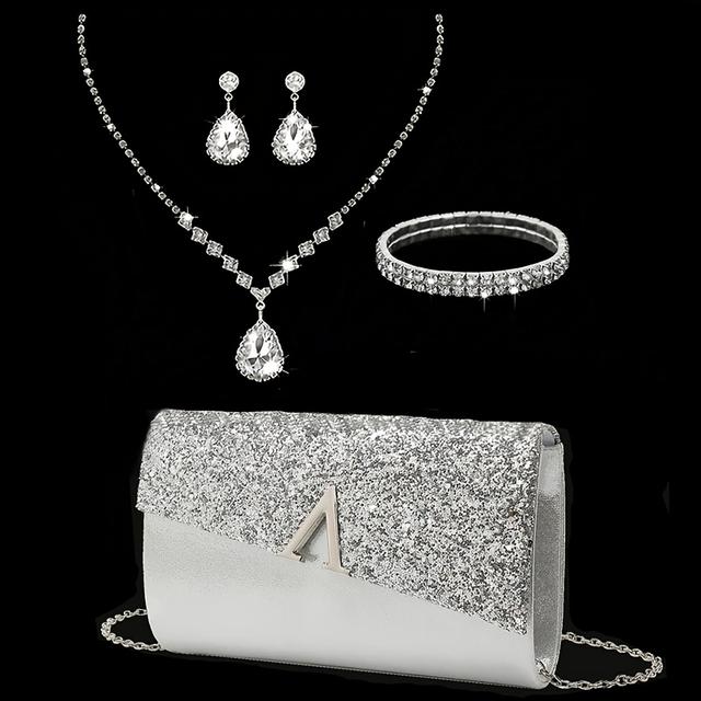 TEMU Women's Fashion Versatile Elegant Evening Bag Dress Bag Party Bag Chain Shoulder Bag Clutch Rhinestone Luxury Necklace Earrings Bracelet Banquet 4pcs Set