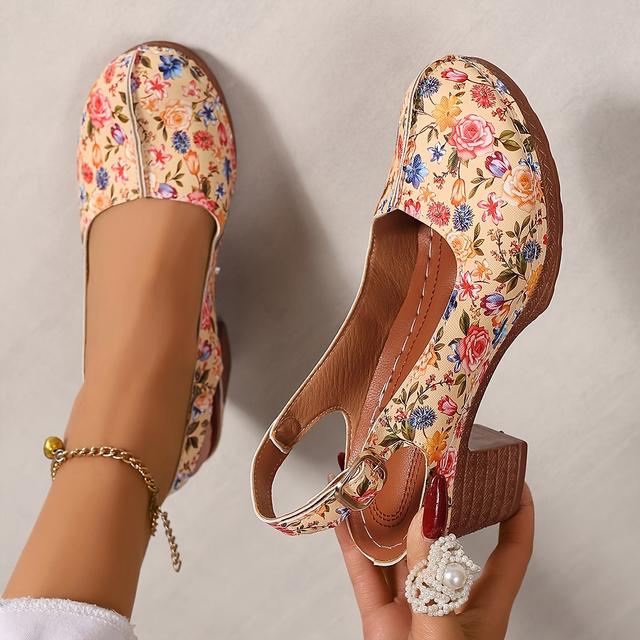 TEMU Women's Vintage Floral Print Chunky Heel Pumps - Round Toe, Ankle Strap, Cover Dress Shoes In Vibrant Red, Floral Pattern
