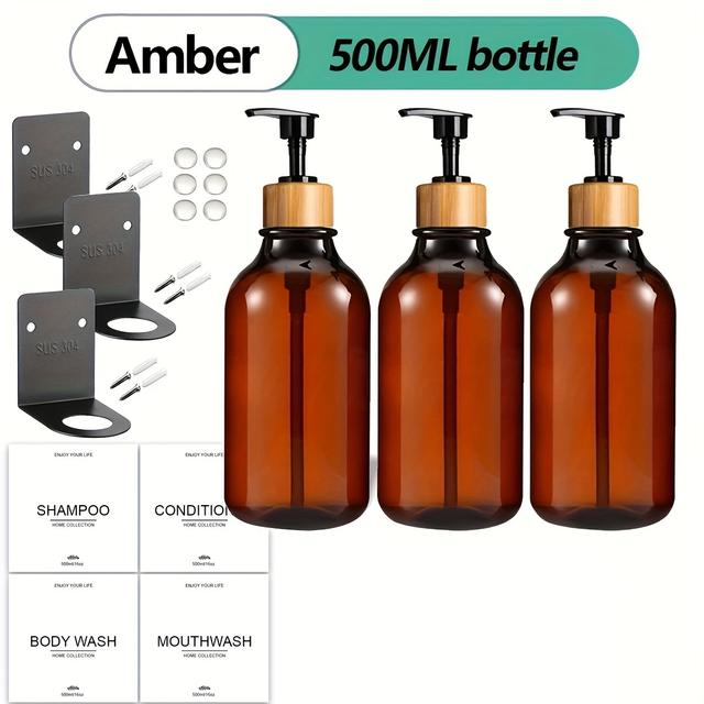 TEMU 3pcs Bathroom Dispenser Set For Shampoo And Shower Gel With Waterproof Labels And Bottle Holder, Refillable Home Decor Soap Dispenser