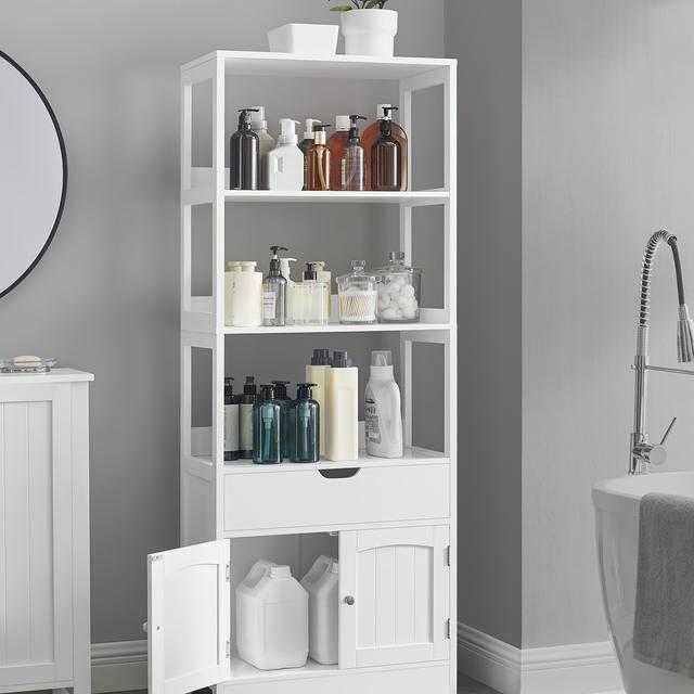 TEMU Bathroom Storage Cabinet, Tall Cabinet, Freestanding Bookshelf, With 3 Open Shelves, 1 Large Drawer And 1 Cupboard, 32.5 X 60 X 154 Cm, For Living Room, Kitchen, Study