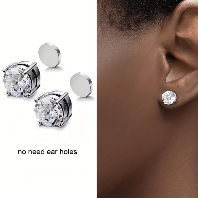 TEMU 2pcs/1pair Stainless Steel Four-prong Synthetic Zirconia Stud Earrings No-piercing Ear Clips Unisex Couple Jewelry Non-fading