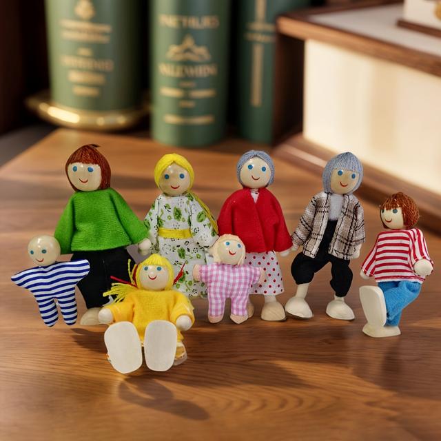 TEMU 8-person Wooden Dollhouse Family Set - Creative Family Doll Set, Multiple Options, Birthday Gift