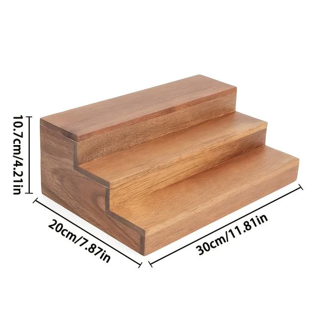 TEMU Three-tier Spice Organizer Made Of Acacia Wood, Featuring A Stepped Design For Displaying Condiments. This Wooden Rack Serves As A Storage Solution For Spices