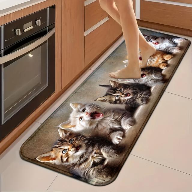 TEMU Cute Cats Kitchen Mat - Non-slip, Washable Polyester Floor Mat With Kitten Design, Ideal For Kitchen Countertops And Floors, Countertop Mat | Design | Washable Mat, Cat Decor