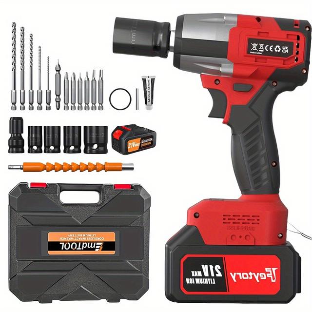TEMU Cordless Impact Wrench, 1/2" Brushless Power Impact Gun, 2500rpm Electric Wrench, Max Torque 550n.m With 4 Sockets, 12pcs Screwdriver Bits, 4.0ah Battery & For