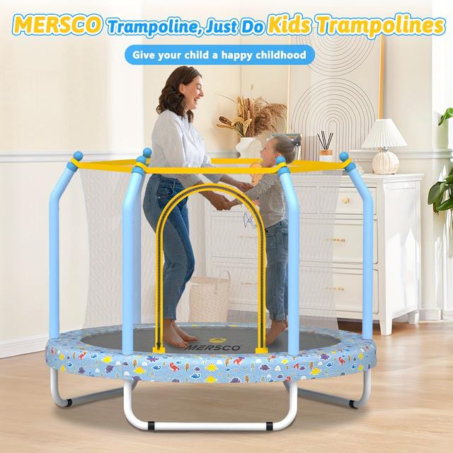 TEMU 55 Inch Indoor And Outdoor Small Trampoline, Mini Trampoline For Kids -6 With Fence Net, Non-slip Foot Pads, Outdoor Play Set, Printed Trampoline For Boys Girls Blue