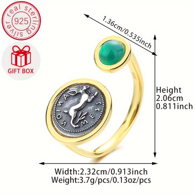 TEMU One, Women's , S925 Pure Silvery Material, Green Agate, Suitable For Carnival, Anniversary, Birthday And Engagement, Ancient Greek Sicily Rabbit Coin Jewelry
