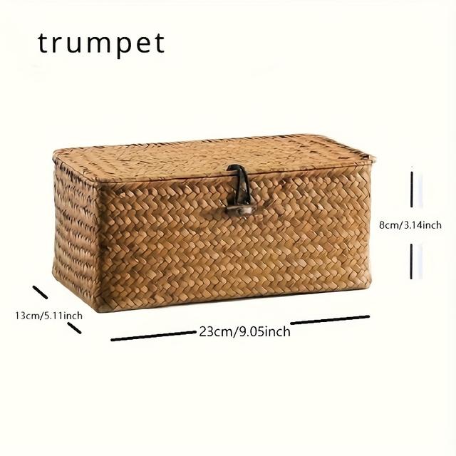 TEMU Hand-woven Storage Basket With Lid & Buckle Closure - Round Woven Basket Box For, Office, - Rustic Organizer For, Makeup, - Gift Box (traditional Wicker Box For S &)