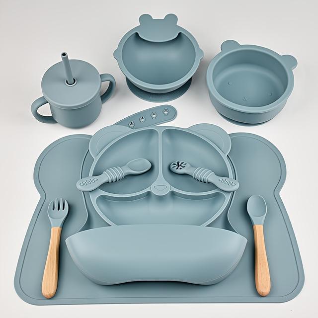 TEMU 10pcs Of Baby Tableware Set For Boys And Girls, Silicone Plates, Rice Paste Spoons, Forks, Food Tools, Complete Set For Children's Self-learning, Eating Bibs, Meal Mats, And Food Bowls
