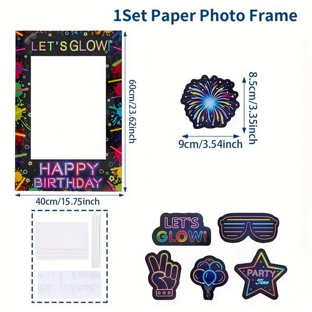 TEMU Set, Fluorescent Birthday Party Paper Photo Frame, Photo Booth Props, Neon Themed Party Props, Happy Birthday Party Supplies Photography Background Decoration