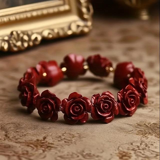 TEMU Damen Rosenblume - Elastische rote Rosenperle mit goldenfarbenen Abstandshaltern, Geburtsstein Schmuck, Natürlicher Edelstein Eleganter , Einzigartiges Geburtstags- Weihnachtsgeschenk