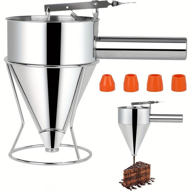 TEMU Stainless Steel Pancake Batter Dispenser With Stand - 1200ml Easy- Funnel For Perfect Pancakes, & Cupcakes - Includes 4 Nozzle Sizes