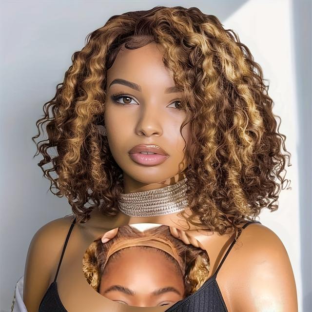 TEMU For Women, This Short Bob Wig Features A Honey Blonde Ombre With Curly Lace Front. It Has A 13x4 Hd Human , Pre- With Baby Hair, And Boasts 250% Density In A Water Wave Style