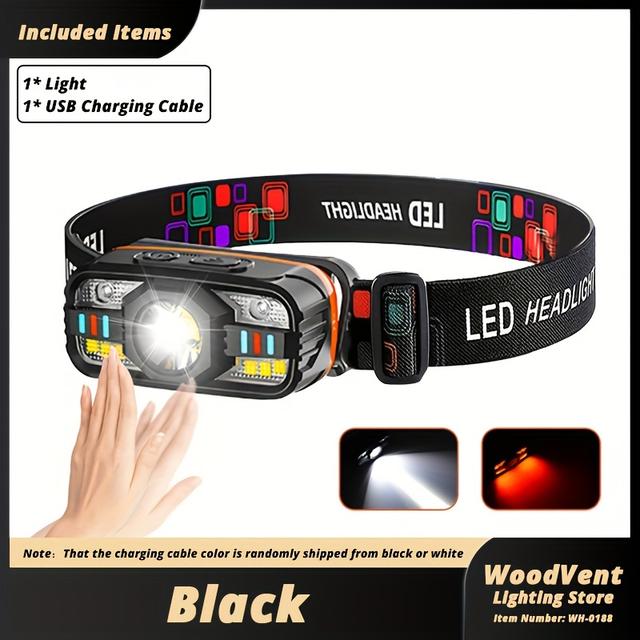 TEMU 1pc Led Headlamp, Cob Floodlight Flashlight With Red Light , Angle Adjustable Usb Rechargeable Fishing Torch, Motion Sensor Camping Light For Hiking, Repair, Fishing, Emergency Lighting