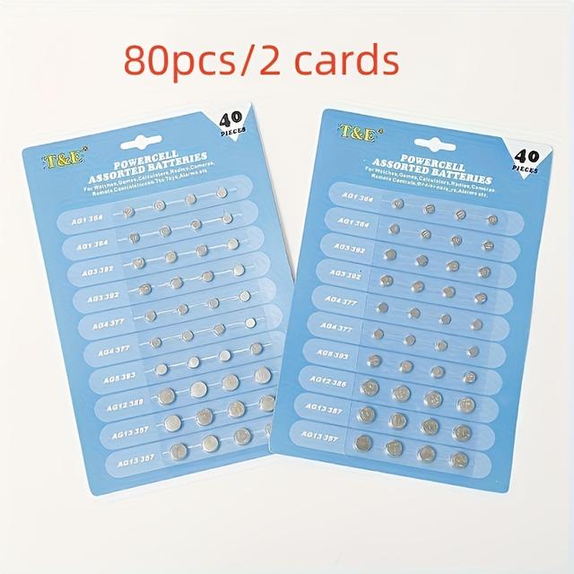 TEMU 80pcs/2 Cards High Alkaline Button Cell Assorted 1.5v Battery Ag3/lr41 Ag4/lr626 Ag5/lr754 Ag10/lr1130 Ag13/lr44
