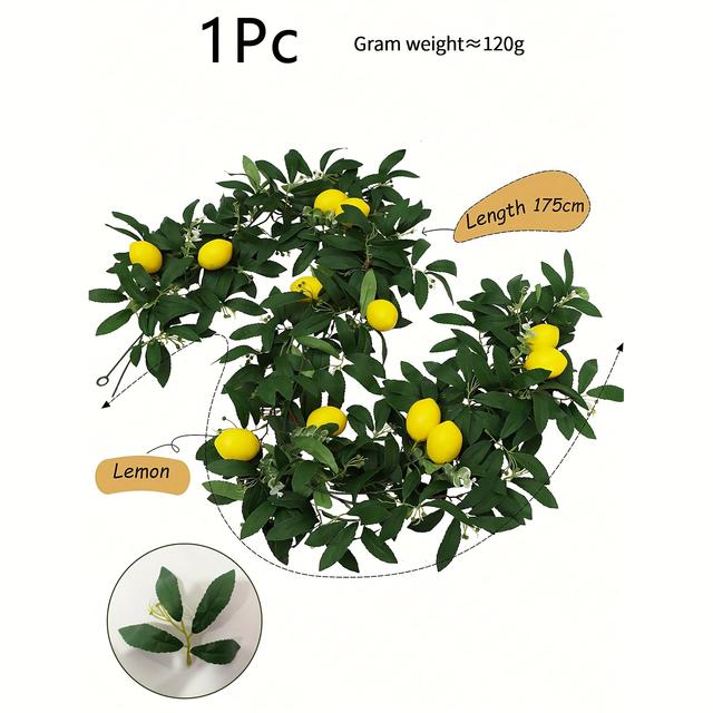 TEMU 1pc Artificial Lemon Garland With Green Leaves & Berries - Vibrant Fruit Vine For Decor, Door, Wall, Mantle, Wedding, And Party Table Decorations