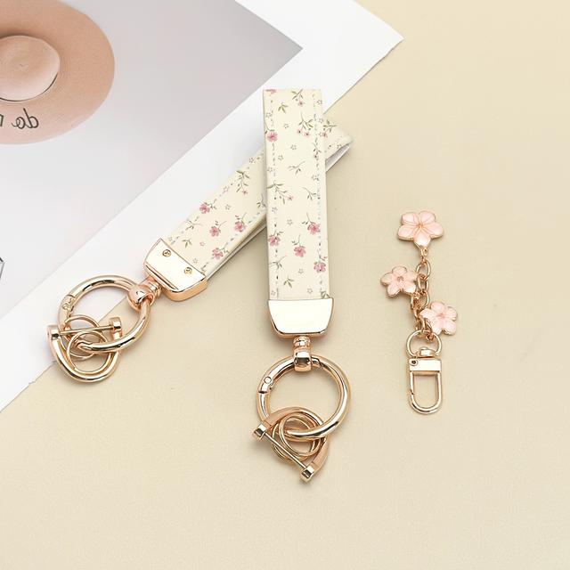 TEMU 1pc Alloy Keychain With Floral Print Pu Leather Strap, Rustproof Rose Golden Plated Key Ring For Car Keys, House Keys, Gift - Elegant Women's Fashion Accessory, Car Keychain, Stylish Key Holder