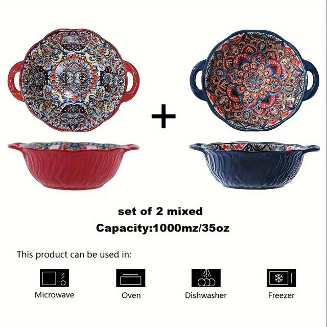 TEMU 2pcs 9.45-inch Bohemian Double-eared Ceramic Salad Bowl, Serving Bowl, Ramen Bowl Set