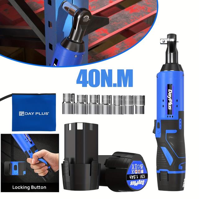 TEMU Cordless Ratchet Wrench Set, 3/8"300 Rpm 12v Ratchet Driver With 7 Sockets, 2 1500mah Li-ion Batteries, Ratcheting Wrench Tool Kit With /reverse Switch, Trigger-activated Led Light