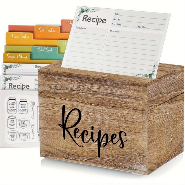 TEMU Wooden Recipe Box Organizer Set With 50 Recipe Cards, 6 Dividers & 1 Conversion Card - Recipe Holder, Non-food Contact Storage Solution For Bridal Shower, Wedding, Grandma, Mom Housewarming Gifts
