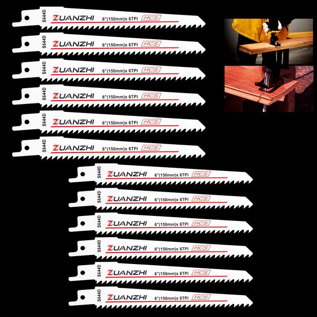TEMU 5pcs/10pcs S644d Reciprocating Saw Blade, 6tpi, 150mm Length, Carbon Steel, For Wood Cutting, Plank Cutting, Plywood, And Plastic (excluding Magnesium Oxide), Saw Blade