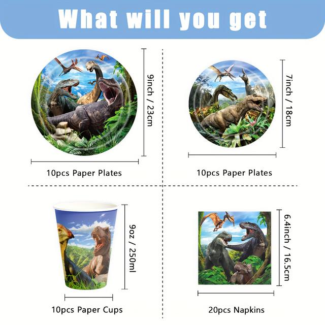 TEMU Für Dinosaurier Party Geburtstagszubehör für Dino Welt Themen Tischgeschirr Set für Party Dekorationen Tischgeschirr Set Teller Servietten Becher Set