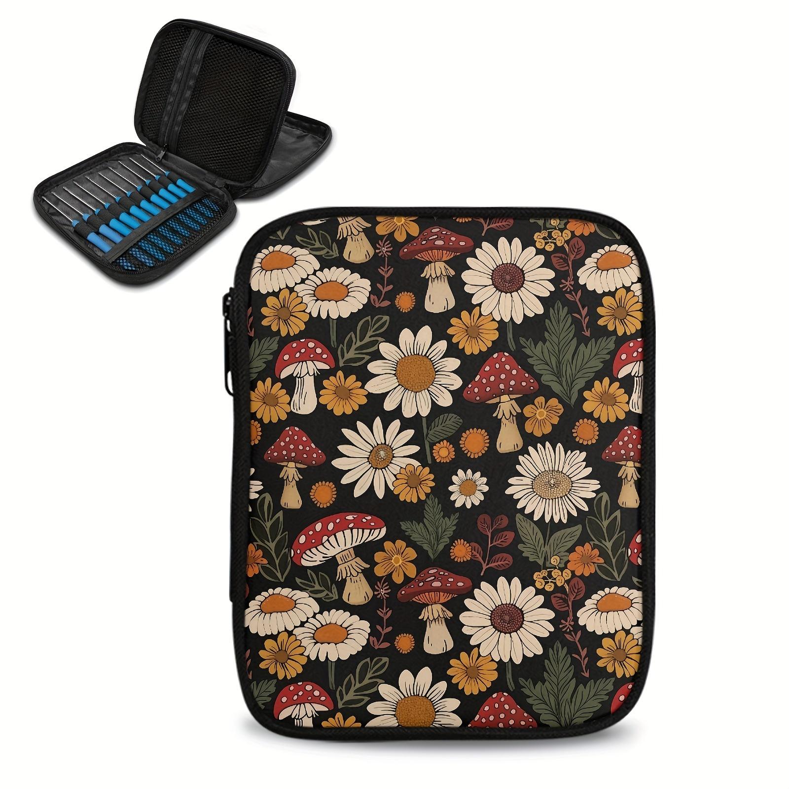 TEMU A Storage Box For A Crochet Tool Kit Featuring A Floral Daisy And Mushroom Print, Designed To Hold Knitting Needles, Crochet Hooks, And Additions, With A Zipper Bag For (additions Not Included)