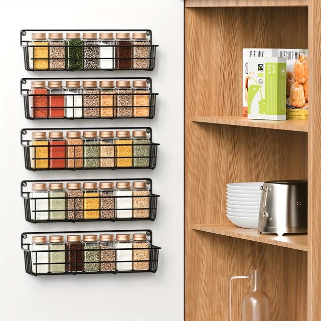 TEMU Organizador de especias para pared, paquete de 5, adecuado para gabinete de cocina, pared y puerta de despensa, estante de almacenamiento para baño (botes de especias no incluidos), negro