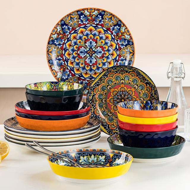 TEMU 18pcs Dinner Sets For 6 People, Dinnerware Dish Set Artisanal Pieces With Dinner Plate, Soup Plates And Cereal Bowl, Boho Colourful Tableware, Dishwasher And Microwave Safe, Handmade, Malacasa
