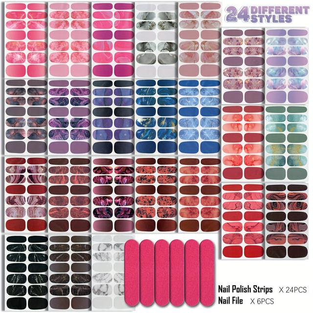 TEMU 24 Marble Nail Stickers With 6 Nail Files Included, Featuring Gradient Designs That Enhance Brightness, In Styles, Self-adhesive Marble Texture Series Suitable For Women And