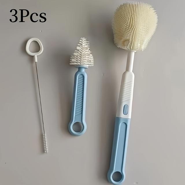 TEMU 3pcs Silicone Bottle Brush Set, Multi-functional Straight Handle Portable Pacifier And Water Cup Cleaning Kit