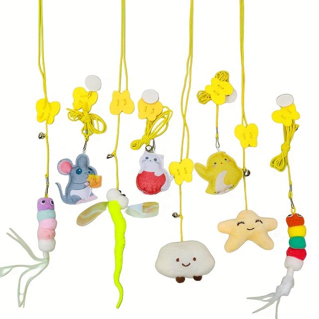 TEMU 4pcs Door Hanging Cat Toys With Bells - Stretchable Spring Rope | Artificial Feathers | Durable & Tear-resistant | Stimulates Hunting | Safe & Durable Material, Without Battery